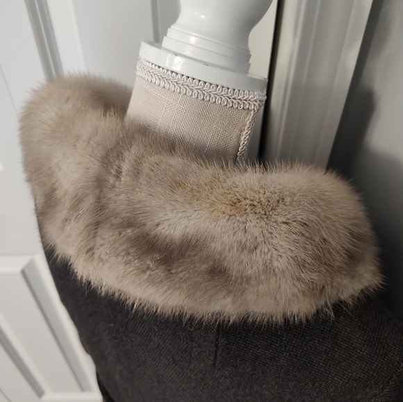 🌹Vintage 70's Unbranded Real Fur Herringbone Tweed Wool Button Front Overcoat M - Picture 15 of 16